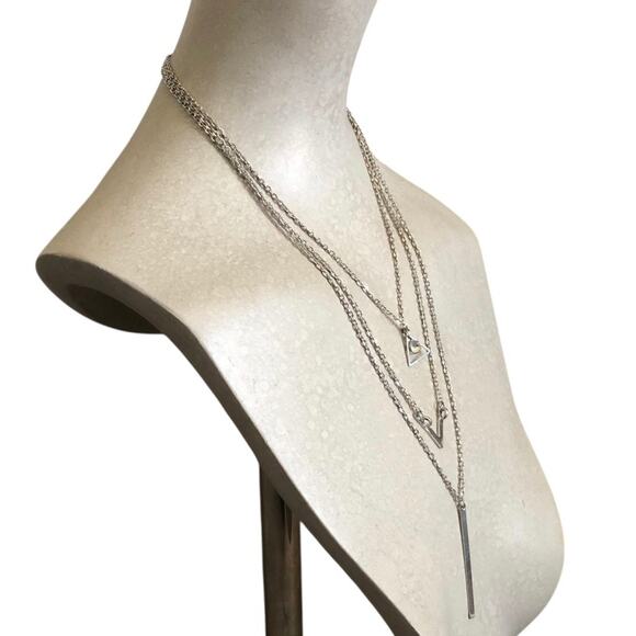 Silver Tone Layered Chain Necklace Rhinestone Triangle Bar Pendant with Extender - Picture 6 of 8